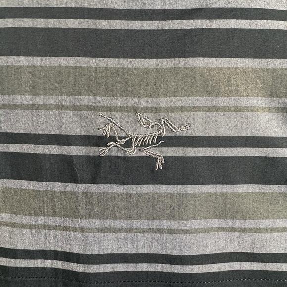 Arc'teryx Brohm Striped Shirt Mens Large Green Gray Short Sleeve Button Up Logo - Picture 11 of 12